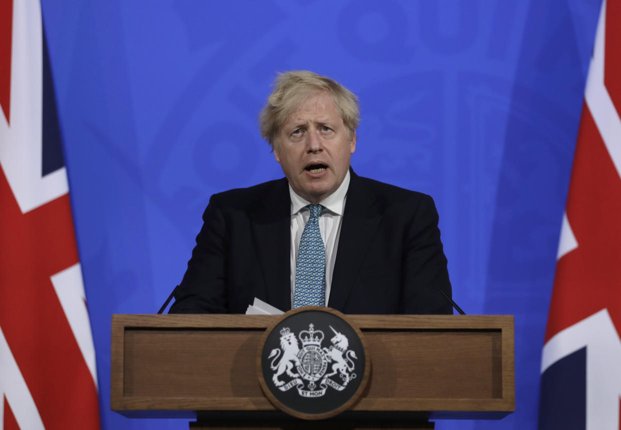 Prime Minister Boris Johnson during a media briefing in Downing Street, London, on coronavirus (Covid-19). Picture date: Friday May 14, 2021.