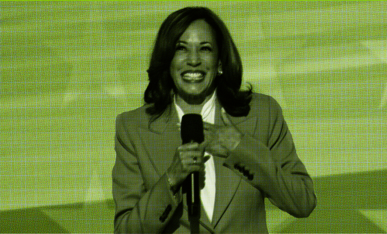 <span>Kamala Harris speaks during the Democratic national convention in Chicago on Monday.</span><span>Composite: The Guardian/Getty Images</span>