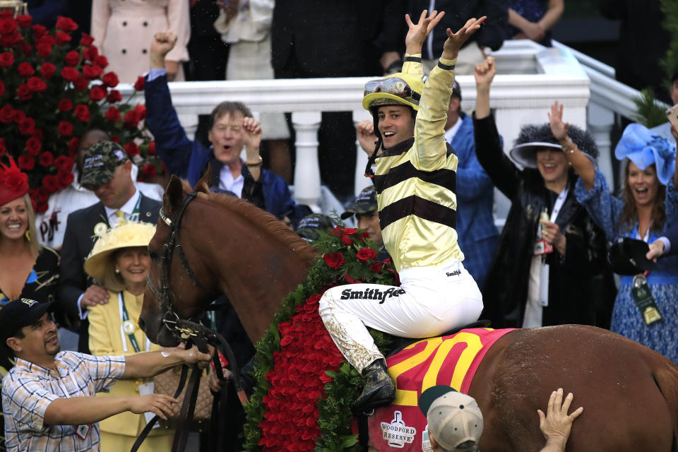 Jockey Flavien Prat celebrates atop Country House after winning the 145th running of the Kentucky Derby at Churchill Downs. (Getty Images)
