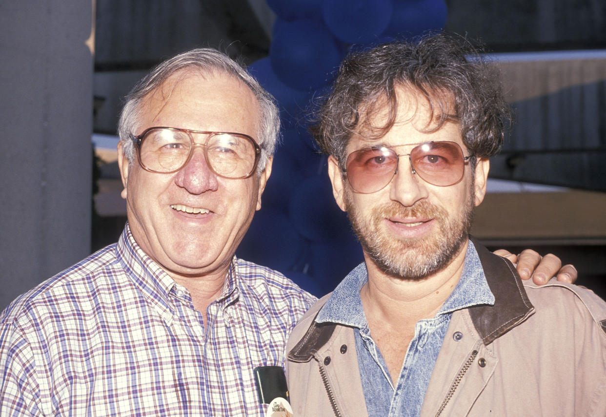 LOS ANGELES - NOVEMBER 12:   Director Steven Spielberg and father Arnold Spielberg attend "The Land Before Time" Los Angeles Premiere on November 12, 1988 at the Natural Museum of Los Angeles County in Los Angeles, California. (Photo by Ron Galella, Ltd./Ron Galella Collection via Getty Images) 