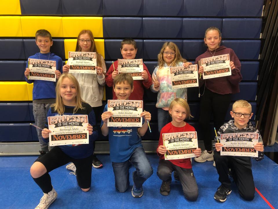May Overby's November students of the month are, back row from left, Owen Forsyth, Bryleigh Spears, Ernie Dickey, Camryn Haar, Kaylee Erdmann, front row, Bentleigh Metz, Aiden Brockel, Mason Genzler and Ryder Burkett.
