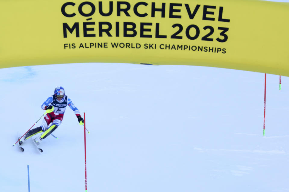 France's Alexis Pinturault competes in the slalom portion of an alpine ski, men's World Championship combined race, in Courchevel, France, Tuesday, Feb. 7, 2023. (AP Photo/Alessandro Trovati)