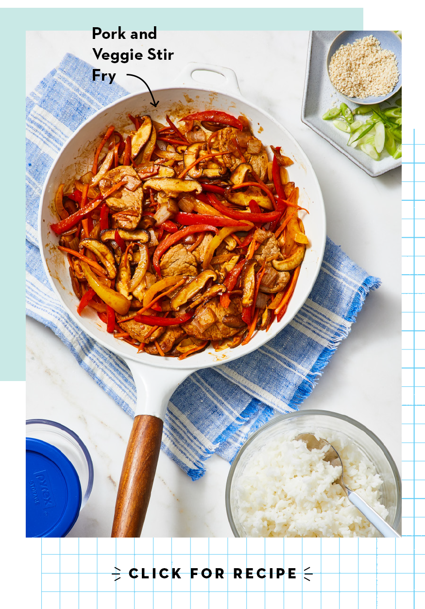 pork and veggie stir fry in a pan with white rice on the side