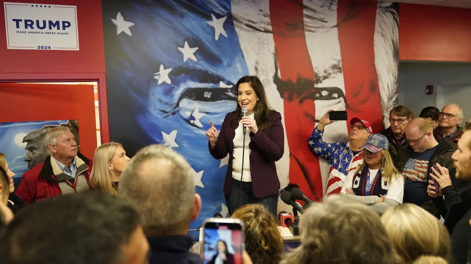 House Republican Conference Chair Elise Stefanik, R-N.Y., speaking at Team Trump New Hampshire headquarters, January 20, 2024, in Manchester, NH. - Pablo Martinez Monsivais/AP