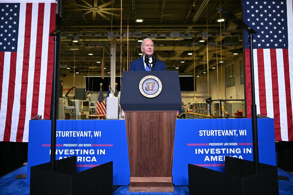 President Joe Biden speaks about his Investing in America agenda in Sturtevant, Wis., on May 8, 2024.