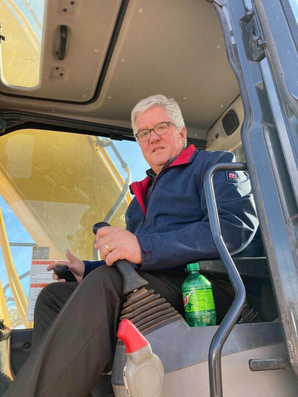 The Chick-fil-A at 1867 Watson Blvd. in Warner Robins, which opened its doors on Feb. 6, 1992, is moving across town to 621 Russell Parkway. Pat Braski, the restaurant’s owner and operator, climbs on a bulldozer for this photo at the new site.