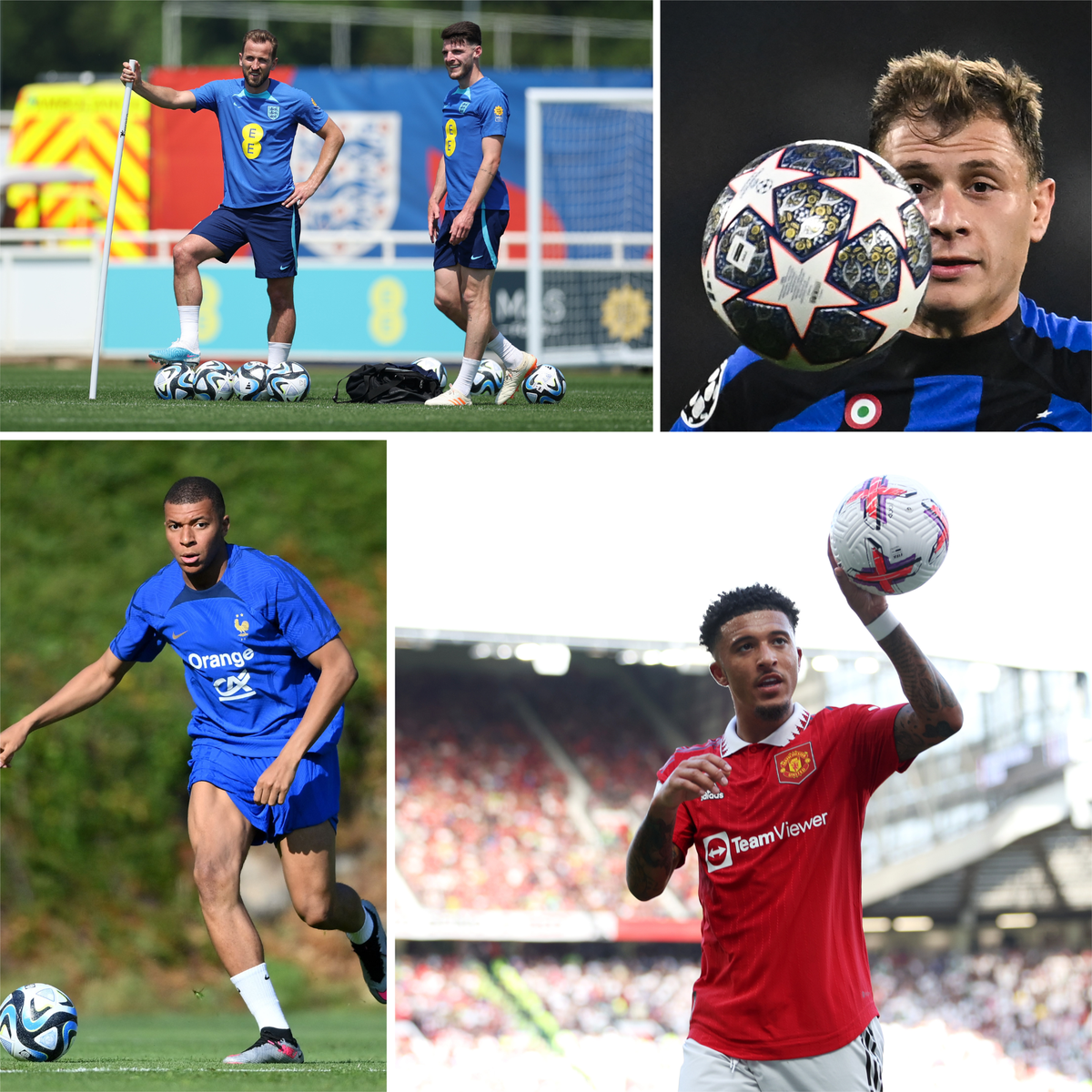 Clockwise from top left: Harry Kane, Declan Rice, Nicolo Barella, Jadon Sancho, Kylian Mbappe (Getty Images/PA/Reuters)