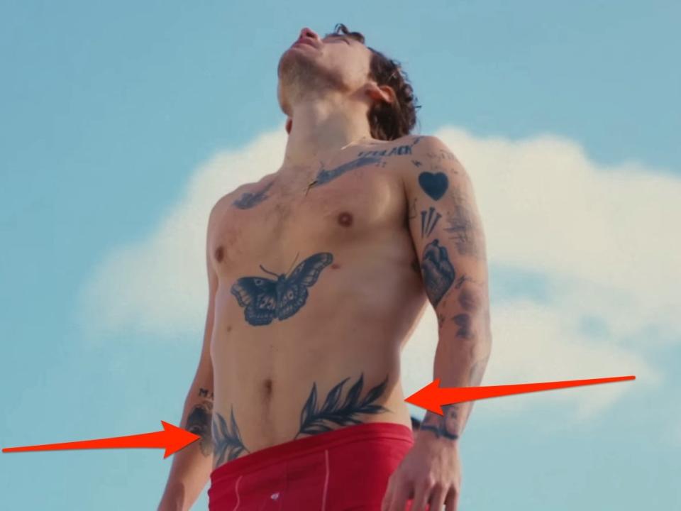 Red arrows pointing to fern tattoos on Harry Styles' lower abdomen.