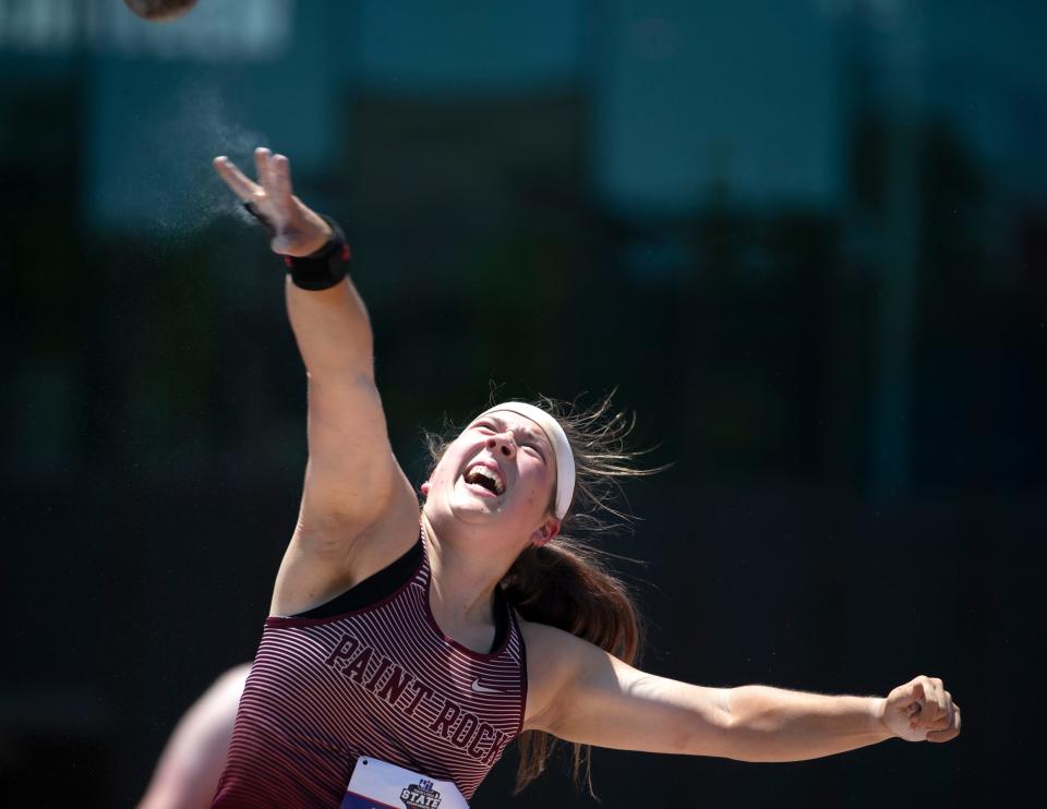 Paint Rock’s Ashlynn Hall competes in the Class 1A shot put during the UIL State Track and Field meet, Saturday, May 14, 2022, at Mike A. Myers Stadium in Austin. 