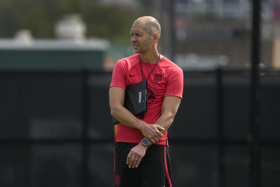 United States men's national soccer team head coach Gregg Berhalter watches practice Monday, Sept. 4, 2023, in St. Louis. The U.S. is set to play a friendly against Uzbekistan this Saturday in St. Louis. (AP Photo/Jeff Roberson)