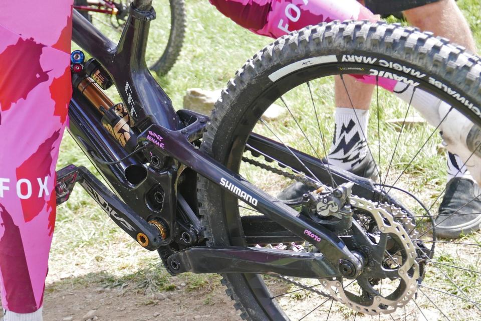 Canyon Sender CFR prototype carbon high single-pivot downhill race DH bike, rear suspension detail