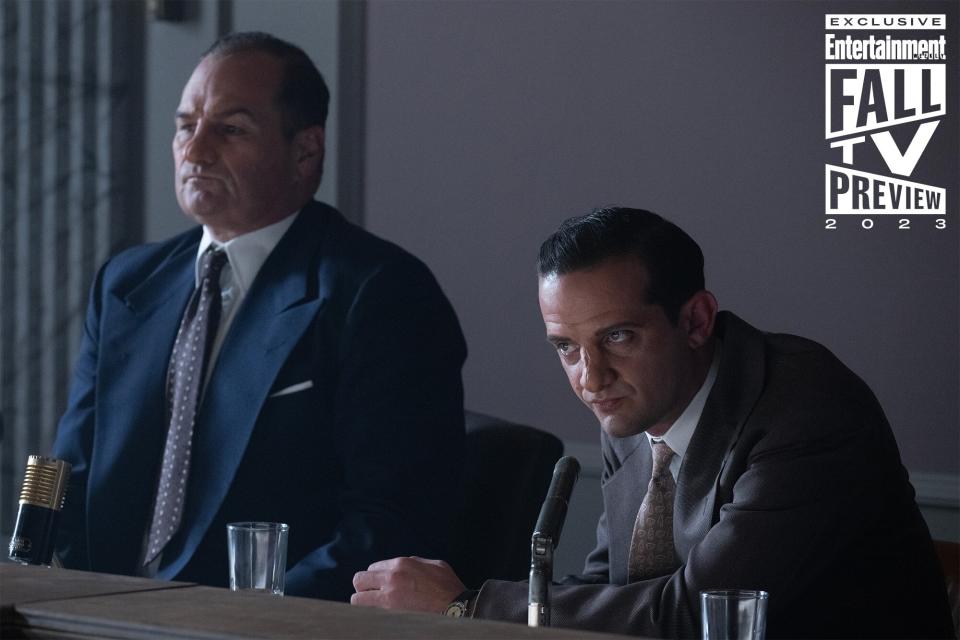 Chris Bauer as Senator McCarthy and Will Brill as Roy Cohn in FELLOW TRAVELERS, "You're Wonderful.”