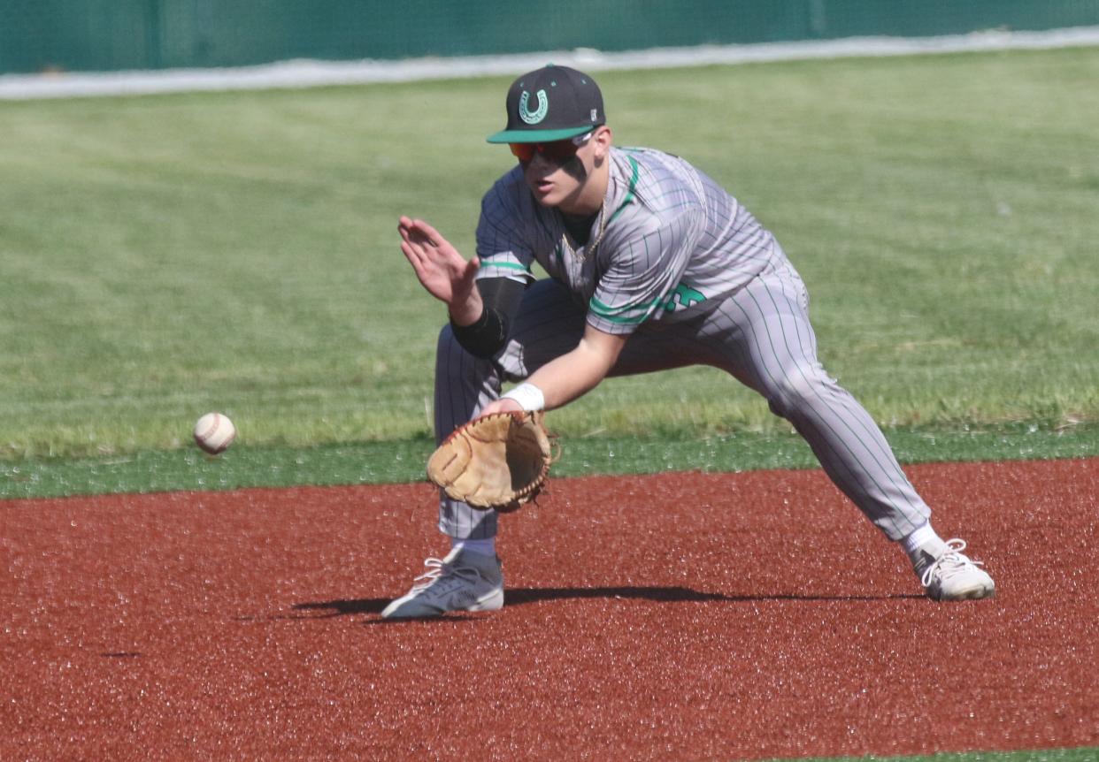 Clear Fork's Jay Jackson fields a ground ball for an easy out. The Colts earned the No. 1 overall seed in this year's Division II Bluffton District tournament.