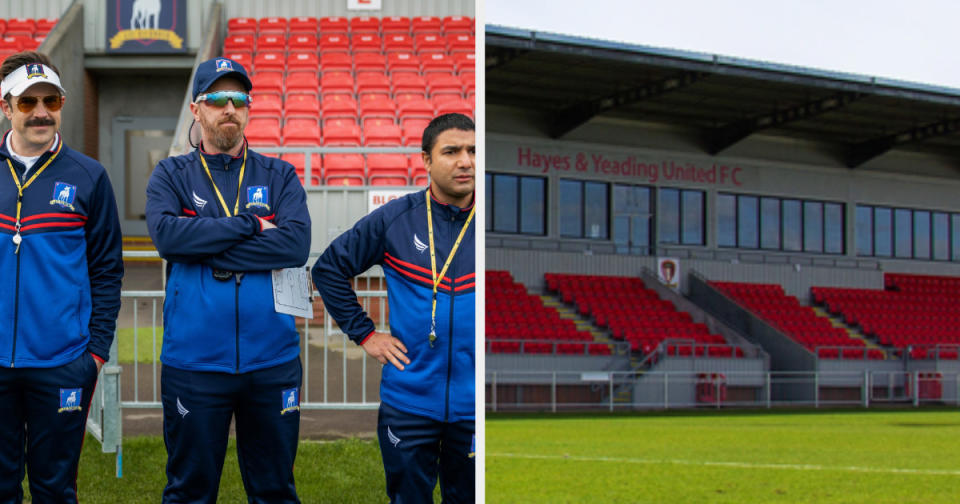 Ted, Beard, and Nate standing in front of bleachers and a photo the real Hayes and Yeading FC stadium