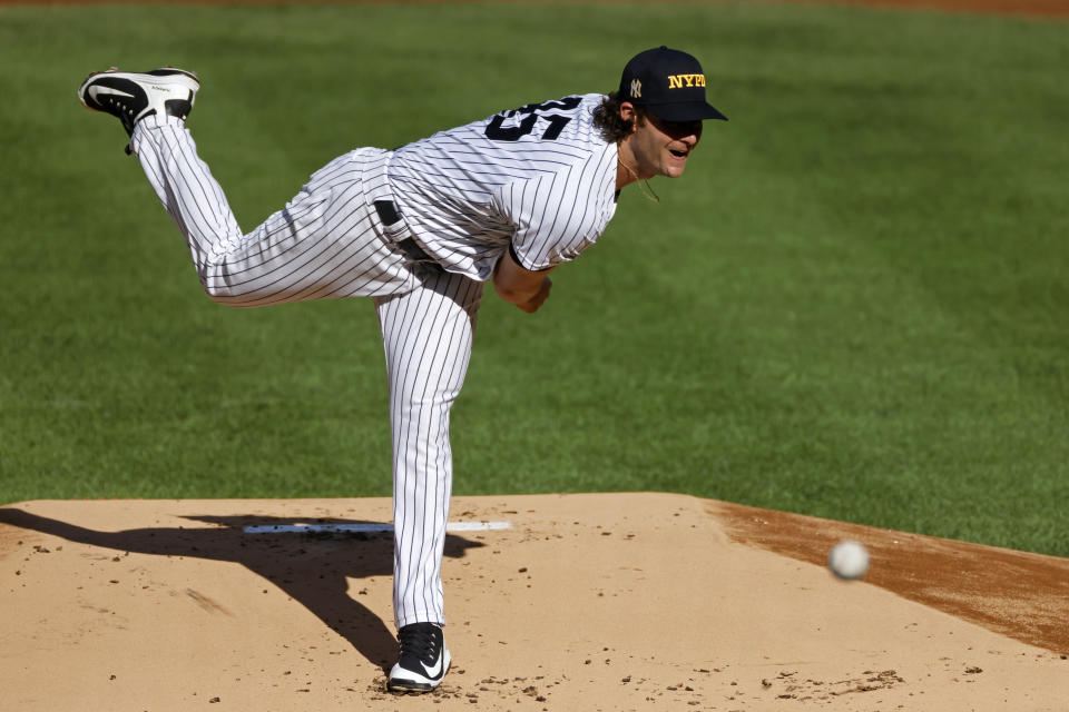 New York Yankees pitcher Gerrit Cole throws during the first inning of the first baseball game of the team's doubleheader against the Baltimore Orioles, Friday, Sept. 11, 2020, in New York. The Yankees won 6-0. (AP Photo/Adam Hunger)