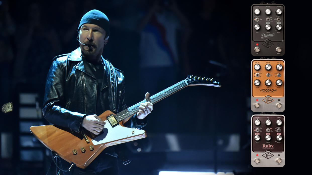  UAFX amp pedals and The Edge of U2 performs on stage during the "eXPERIENCE & iNNOCENCE" tour at Madison Square Garden on July 1, 2018 in New York City. 