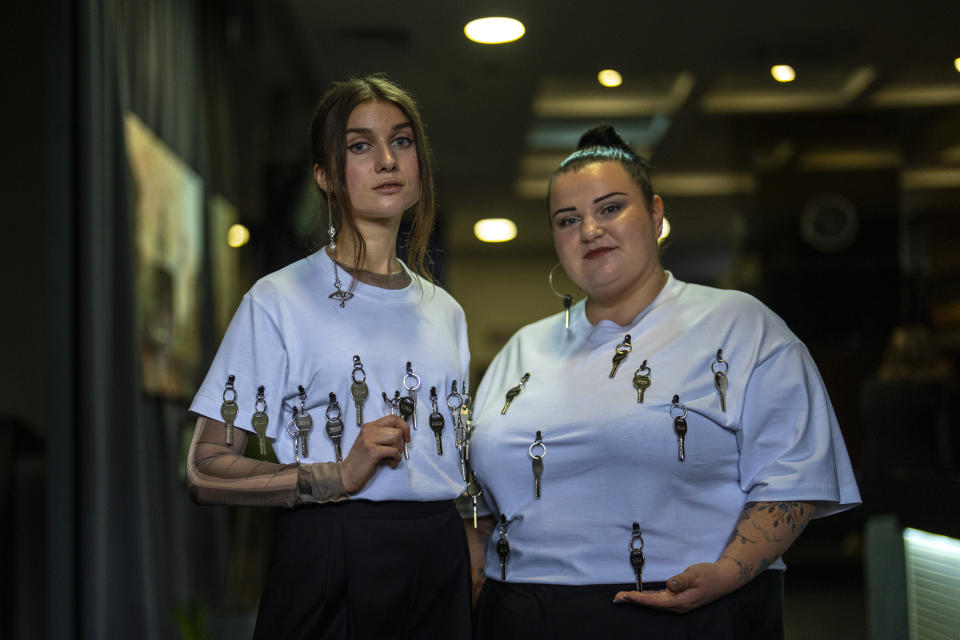 Ukrainian singer Jerry Heil, left, and rapper alyona alyona pose for a photograph during an interview with The Associated Press in Kyiv, Ukraine, Thursday, April 25, 2024. Ukraine’s entrants in the pan-continental music competition, the female duo of rapper alyona alyona and singer Jerry Heil set off from Kyiv for the competition on Thursday. In wartime, that means a long train journey to Poland, from where they will travel on to next month’s competition in Malmö, Sweden. (AP Photo/Francisco Seco)