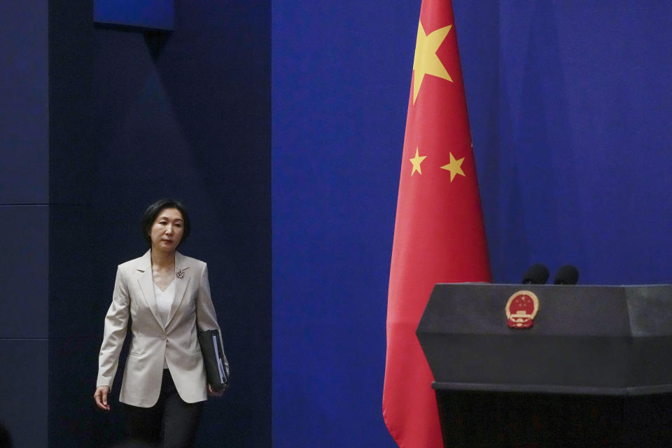 Chinese Foreign Ministry spokesperson Mao Ning arrives for a daily briefing at the Ministry of Foreign Affairs office in Beijing, Monday, April 24, 2023. The Chinese government said Monday it respects the sovereignty of former Soviet Union republics after Beijing’s ambassador to France caused an uproar in Europe by saying they aren’t sovereign nations. (AP Photo/Andy Wong)