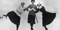 <p>Herma Planck-Szabo of Hungary (left), Ethel Muckelt of England (center) and Beatrix Loughran (right) of the U.S.A. pose in sweater and skirt combinations at the first-ever Winter Olympics in Chamonix, France. Longer skirts paired with cashmere sweaters was a common combination for women ice skaters in the '20s. </p>