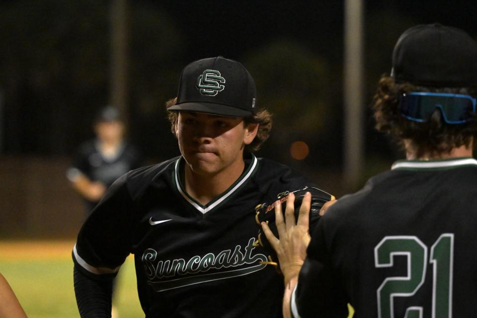 Suncoast closing pitcher Brady Benevides comes off the field pumped after a great inning during a game against Treasure Coast on April 18, 2024.