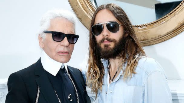 PHOTO: Fashion designer Karl Lagerfeld and Actor Jared Leto pose backstage after the Chanel show as part of Paris Fashion Week - Haute Couture Fall/Winter 2014-2015. Held at Grand Palais on July 8, 2014 in Paris, France. (Rindoff/dufour/Getty Images, FILE)