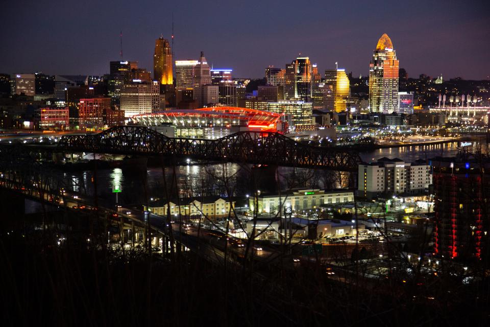 An early-morning view of the Cincinnati skyline.