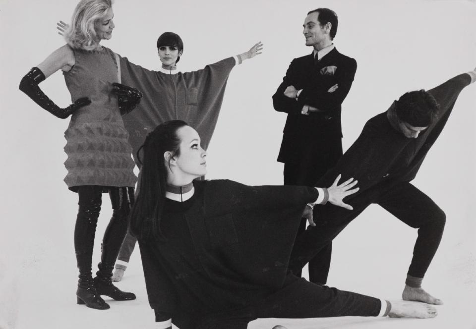 Pierre Cardin and Lauren Bacall with models on the set of Bacall and the Boys, 1968.