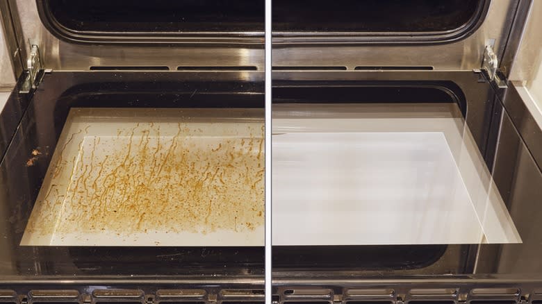 Oven door cleaner with side-by-side