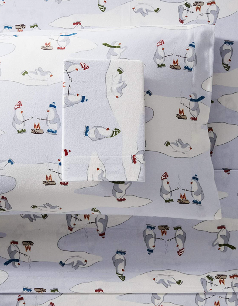 Eddie Bauer Cotton Flannel Sheet Set in Skating Penguins (Photo via Amazon)