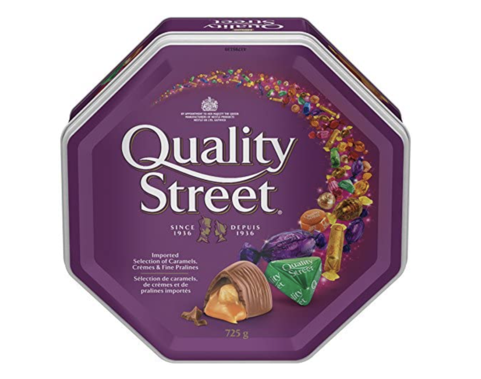 Nestle Quality Street in purple tin box with caramels and chocolate (Photo via Amazon)