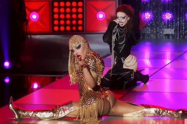 <p>mtv</p> Morphine lip-syncing against Dawn on 'Drag Race'