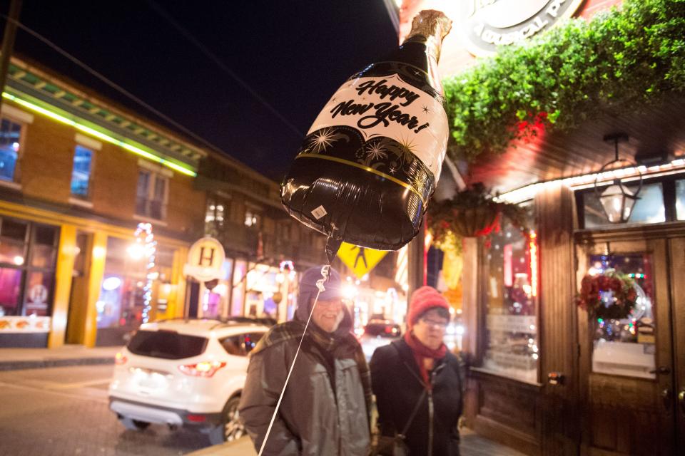 New Year's Eve decoration welcomes guests to the Jig & Reel on Dec. 31, 2014.