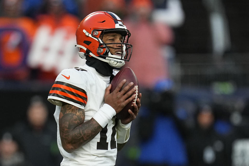 Cleveland Browns quarterback Dorian Thompson-Robinson reacts to a false start during the second half of an NFL football game against the Denver Broncos on Sunday, Nov. 26, 2023, in Denver. (AP Photo/Jack Dempsey)