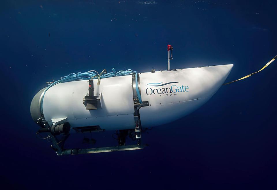 This photo provided by OceanGate Expeditions shows a submersible vessel named Titan used to visit the wreckage site of the Titanic. There’s a faint glimmer of hope in the search for submersible missing near the wreck of the Titanic south of Newfoundland after an underwater noise was detected overnight. THE CANADIAN PRESS/AP-OceanGate Expeditions via AP