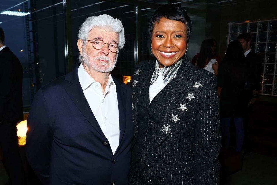 <p>Theo Wargo/Getty </p> George Lucas and Mellody Hobson on April 11, 2024