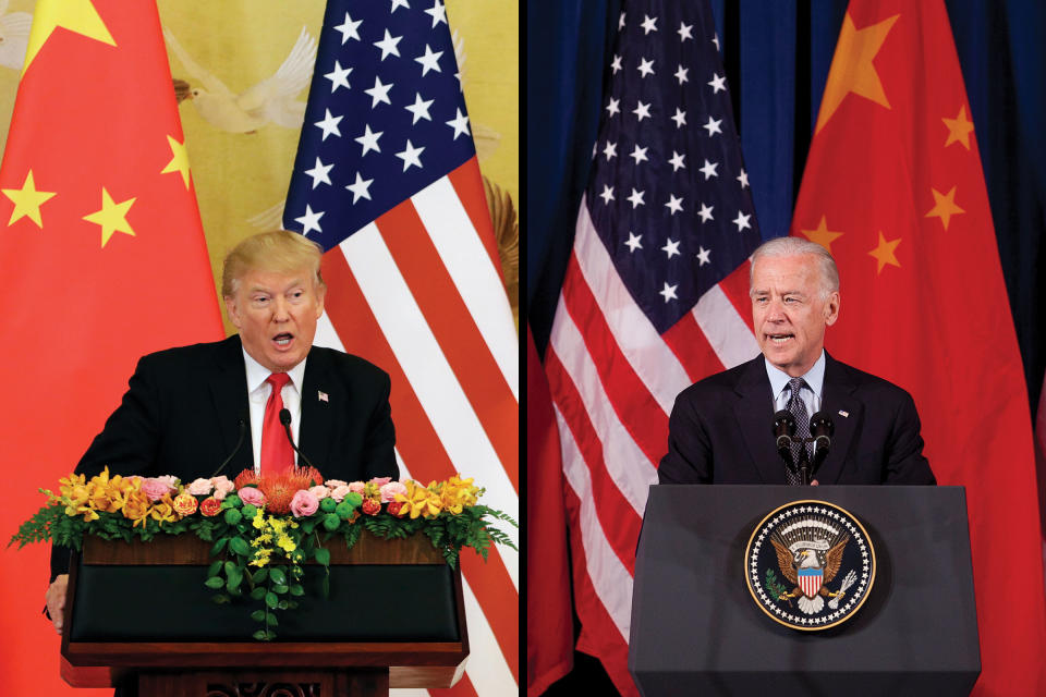 President Donald Trump during a news conference at the Great Hall of the People in Beijing, China, Nov. 9, 2017; Then Vice President Joe Biden during the opening ceremony of the U.S.-China Strategic & Economic Dialogue in Washington, May 9, 2011