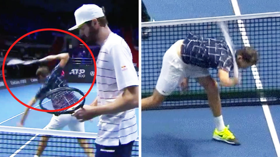 Daniil Medvedev (pictured right) smashing his racquet at the St Petersburg Open and (pictured left) after the handshake.