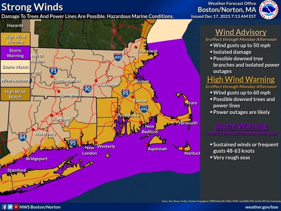 High winds and heavy rain are expected in the Worcester area between 7 a.m. and 1 p.m. Monday, according to the National Weather Service. A wind advisory is in effect as gusts could hit 55 miles per hour. Power outages are possible from downed trees on power lines.