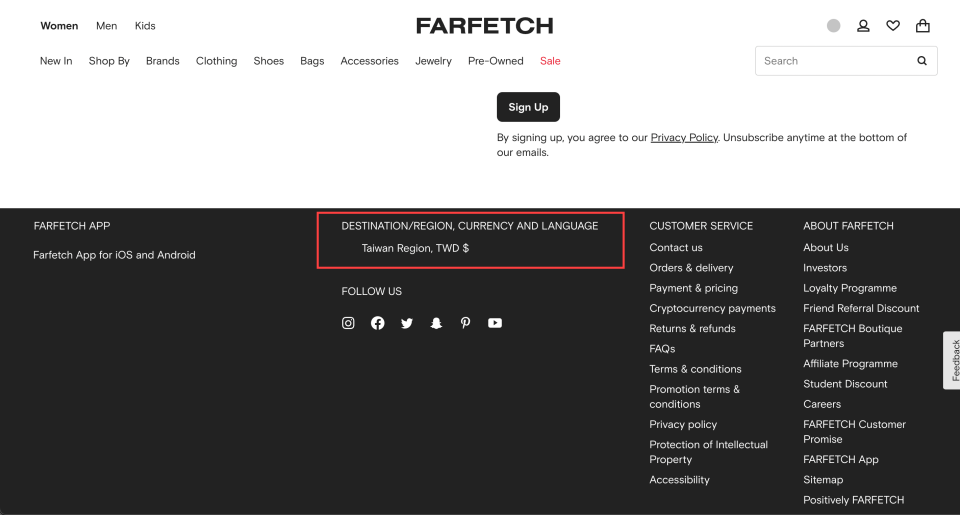 進入官網拉至頁面最下方，可選擇台灣、台幣顯示。（圖片來源：取自FARFETCH）