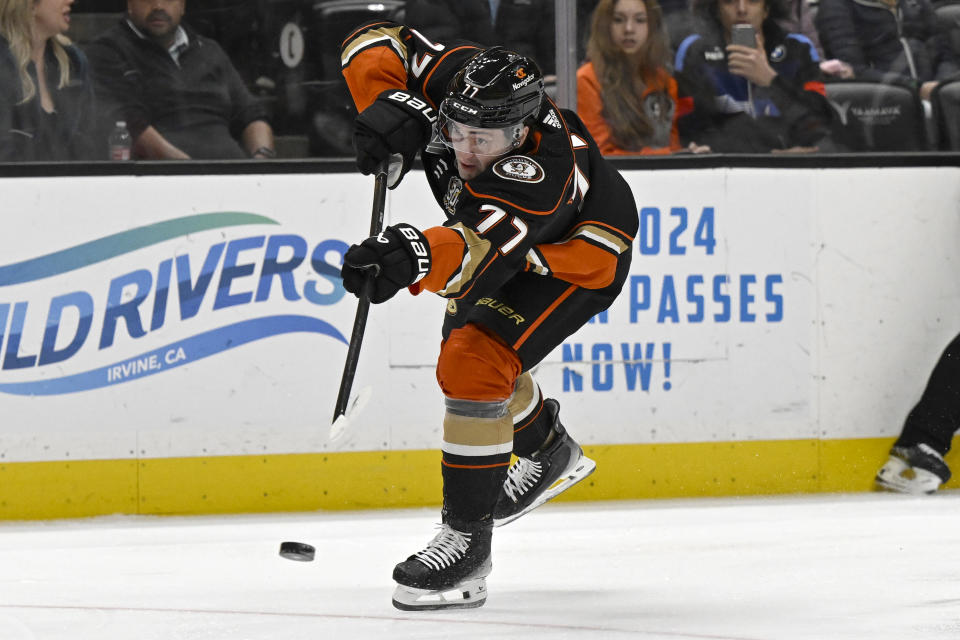 Anaheim Ducks right wing Frank Vatrano shoots against the Edmonton Oilers during the first period of an NHL hockey game in Anaheim, Calif., Friday, Feb. 9, 2024. (AP Photo/Alex Gallardo)