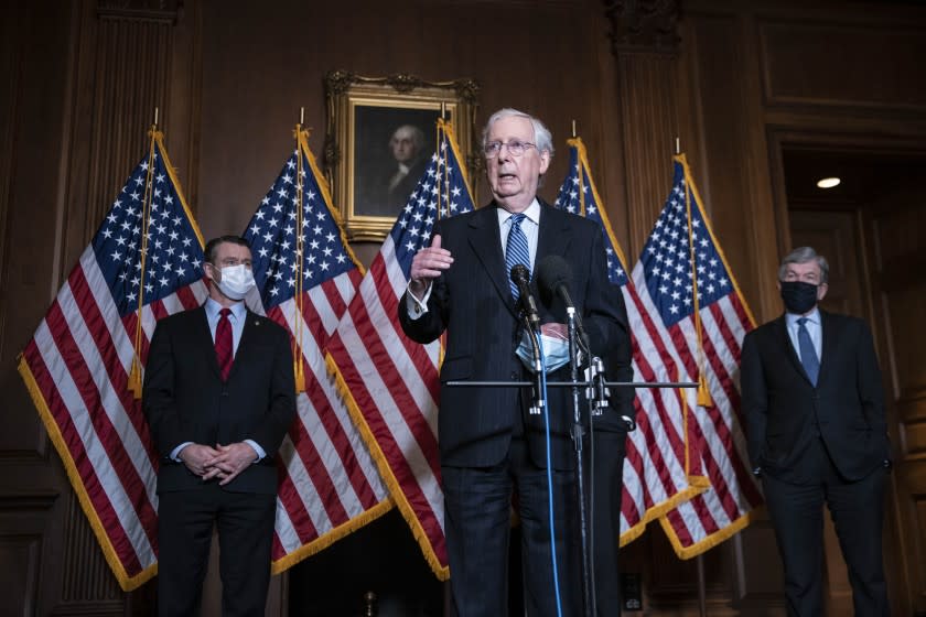 Senate Majority Leader Mitch McConnell of Kentucky, speaks during a news conference following a weekly meeting with the Senate Republican caucus, Tuesday, Dec. 8. 2020 at the Capitol in Washington. Americans waiting for Republicans in Congress to acknowledge Joe Biden as the president-elect may have to keep waiting until January as GOP leaders stick with President Donald Trump's litany of legal challenges and unproven claims of fraud. (Sarah Silbiger/Pool via AP)