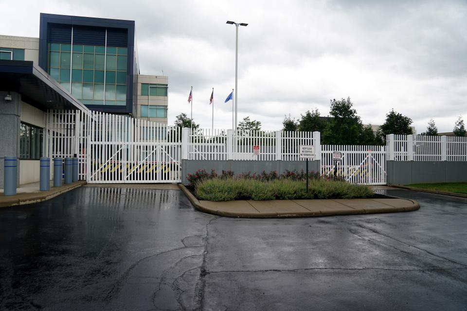 View of the security gates that suspect Ricky Shiffer, a U.S. Navy veteran who tried to break into the Cincinnati FBI office and kill agents, attempted to breach last year; pictured, Monday, Aug. 7, 2023, at the FBI field office of Cincinnati located in Kenwood.