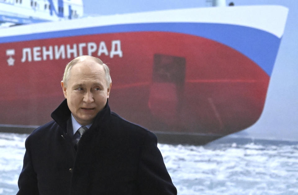 Russian President Vladimir Putin attends a keel laying ceremony for the 5th nuclear-powered icebreaker Leningrad (Project 22220) at the Baltiysky Shipyard in St. Petersburg, Russia, Friday, Jan. 26, 2024. (Pavel Bednyakov, Sputnik, Kremlin Pool Photo via AP)