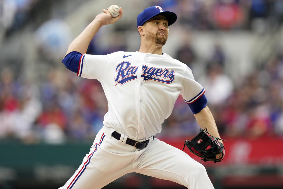 ARLINGTON, TX - MARCH 30:  Jacob deGrom #48 of the Texas Rangers pitches during the game between the Philadelphia Phillies and the Texas Rangers at Globe Life Field on Thursday, March 30, 2023 in Arlington, Texas. (Photo by Jim Coswert/MLB Photos via Getty Images)