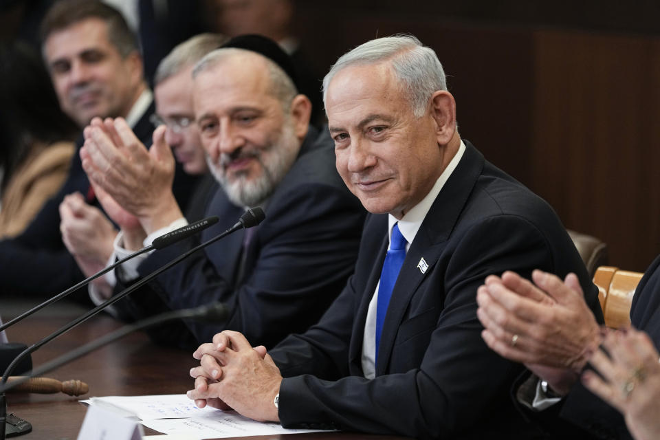 FILE - Newly sworn-in Israeli Prime Minister Benjamin Netanyahu attends a cabinet meeting in Jerusalem, Dec. 29, 2022. (AP Photo/Ariel Schalit, Pool, File)