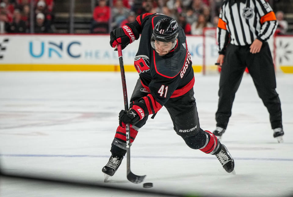 Shayne Gostisbehere has looked sharp since joining the Hurricanes. (Photo by Josh Lavallee/NHLI via Getty Images)