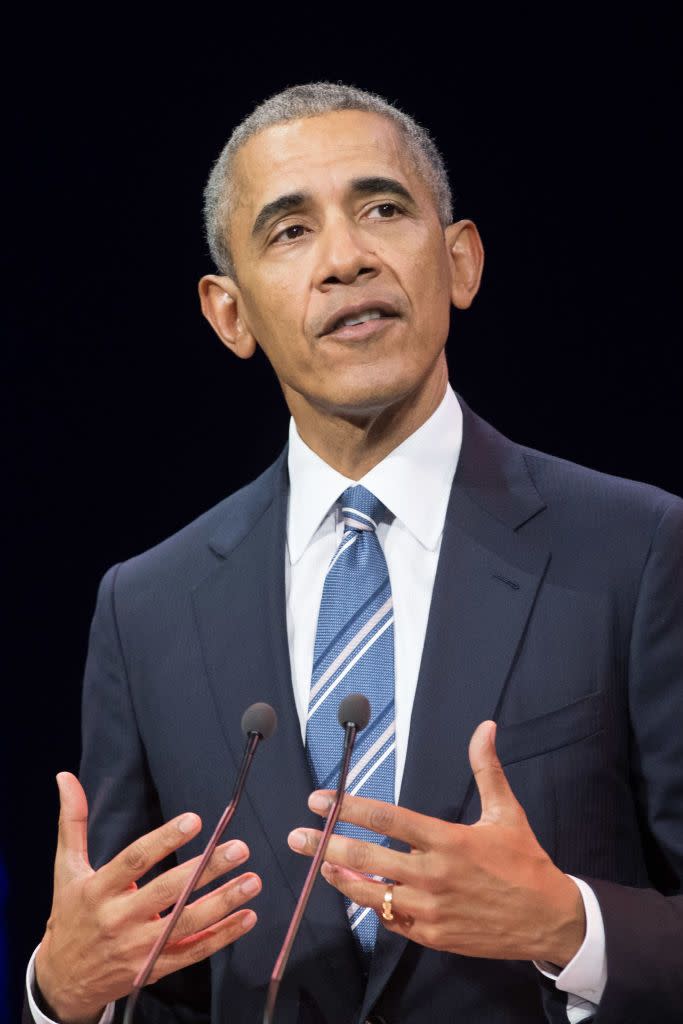 former us president barack obama speaks at a conference during his first visit to france since he left the white house, at maison de la radio on december 2, 2017 in paris, france