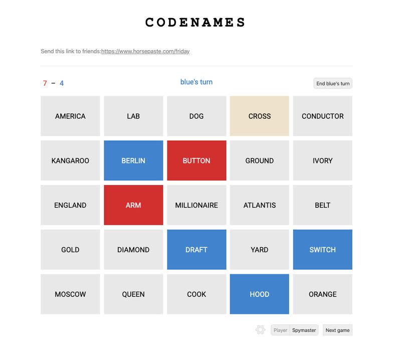 A screen grab provided by software engineer Jackson Owens shows a game of Codenames in action on his website Horsepaste.com, which saw an increase in users last month.