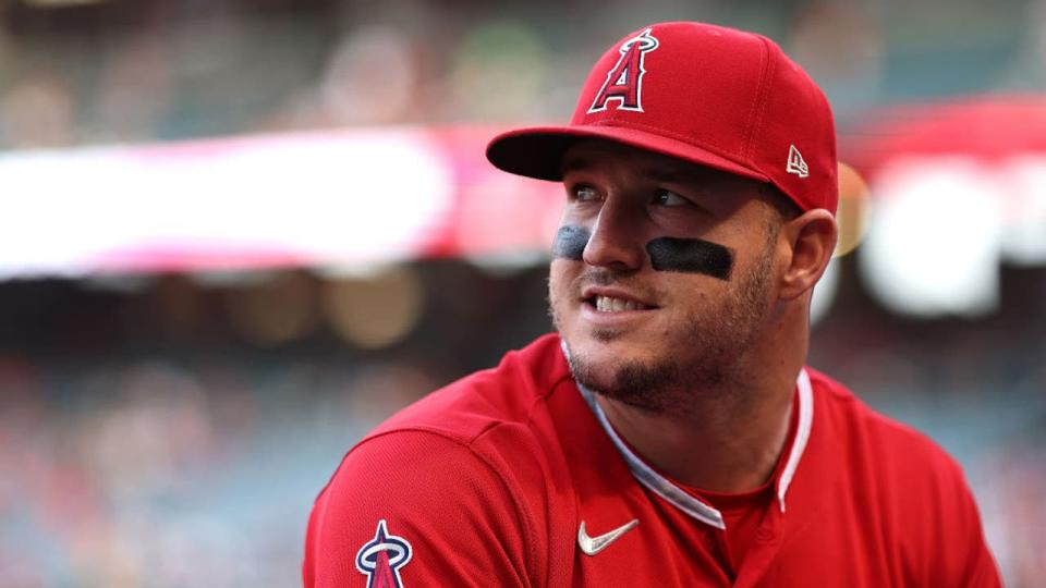 <div>Mike Trout #27 of the Los Angeles Angels. (Photo by Michael Owens/Getty Images)</div> <strong>(Getty Images)</strong>