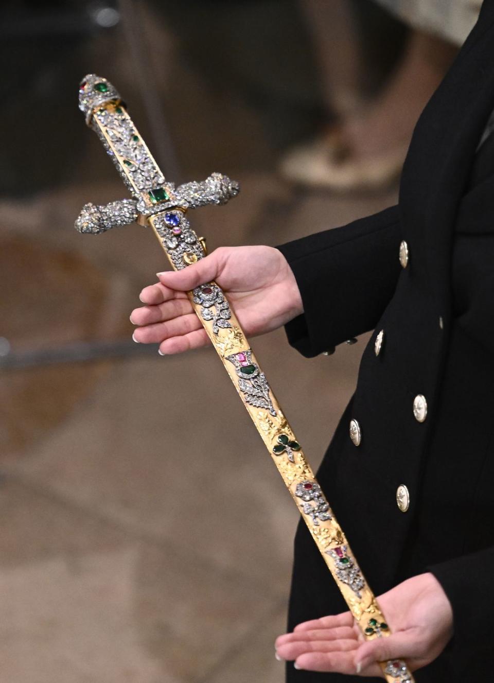 london, england may 06 a general view of the sword of offering during the coronation of king charles iii and queen camilla on may 06, 2023 in london, england the coronation of charles iii and his wife, camilla, as king and queen of the united kingdom of great britain and northern ireland, and the other commonwealth realms takes place at westminster abbey today charles acceded to the throne on 8 september 2022, upon the death of his mother, elizabeth ii photo by gareth cattermolegetty images